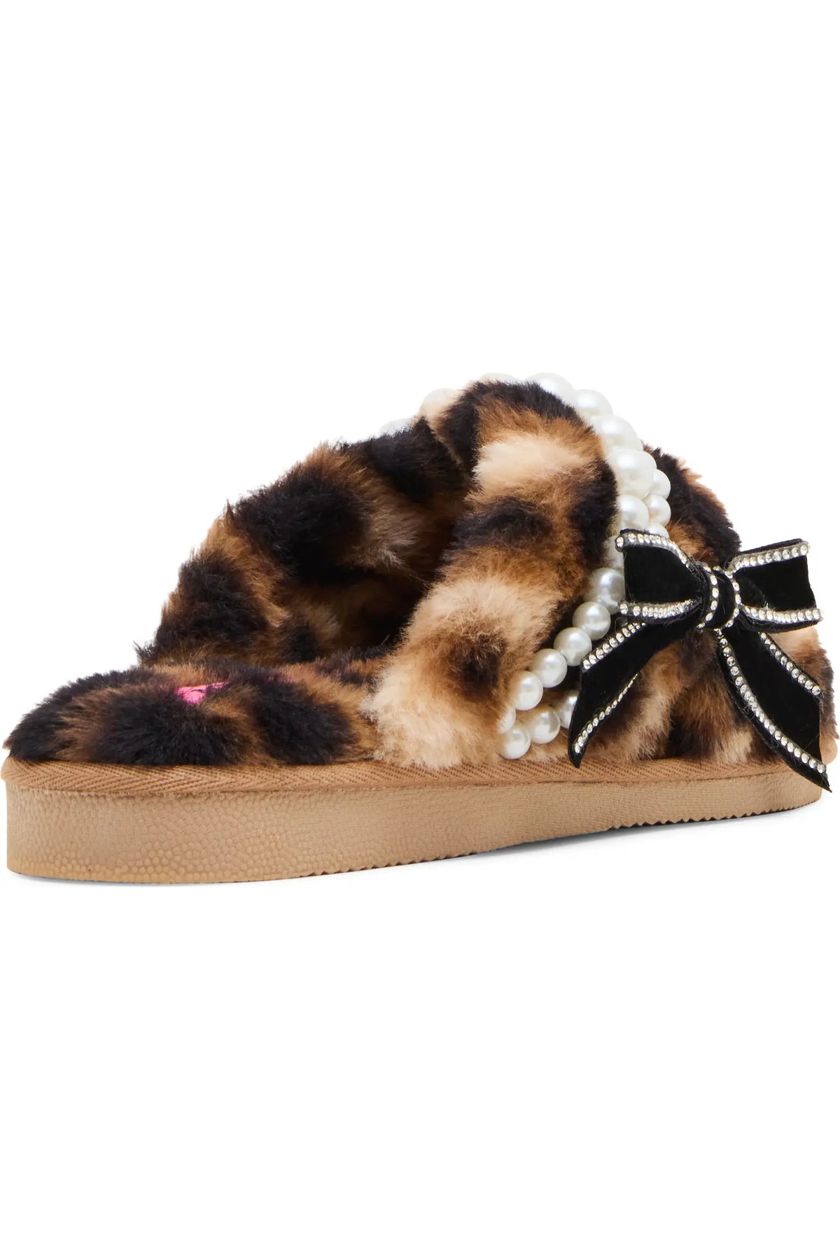 Betsey Johnson Cozyy Leopard Faux Fur Pearl Slippers