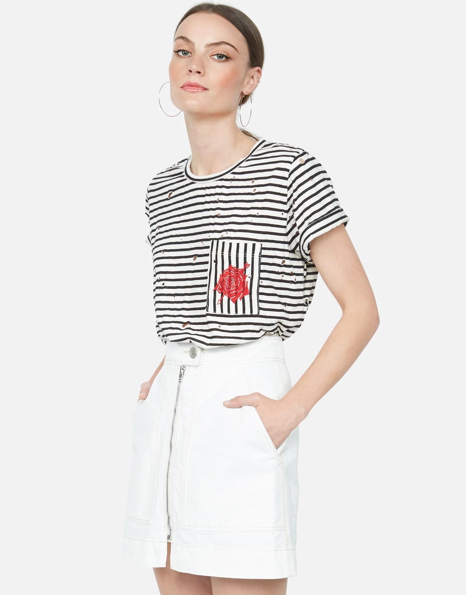 Lauren Moshi Iris Embroidered Rose Stripe Tee