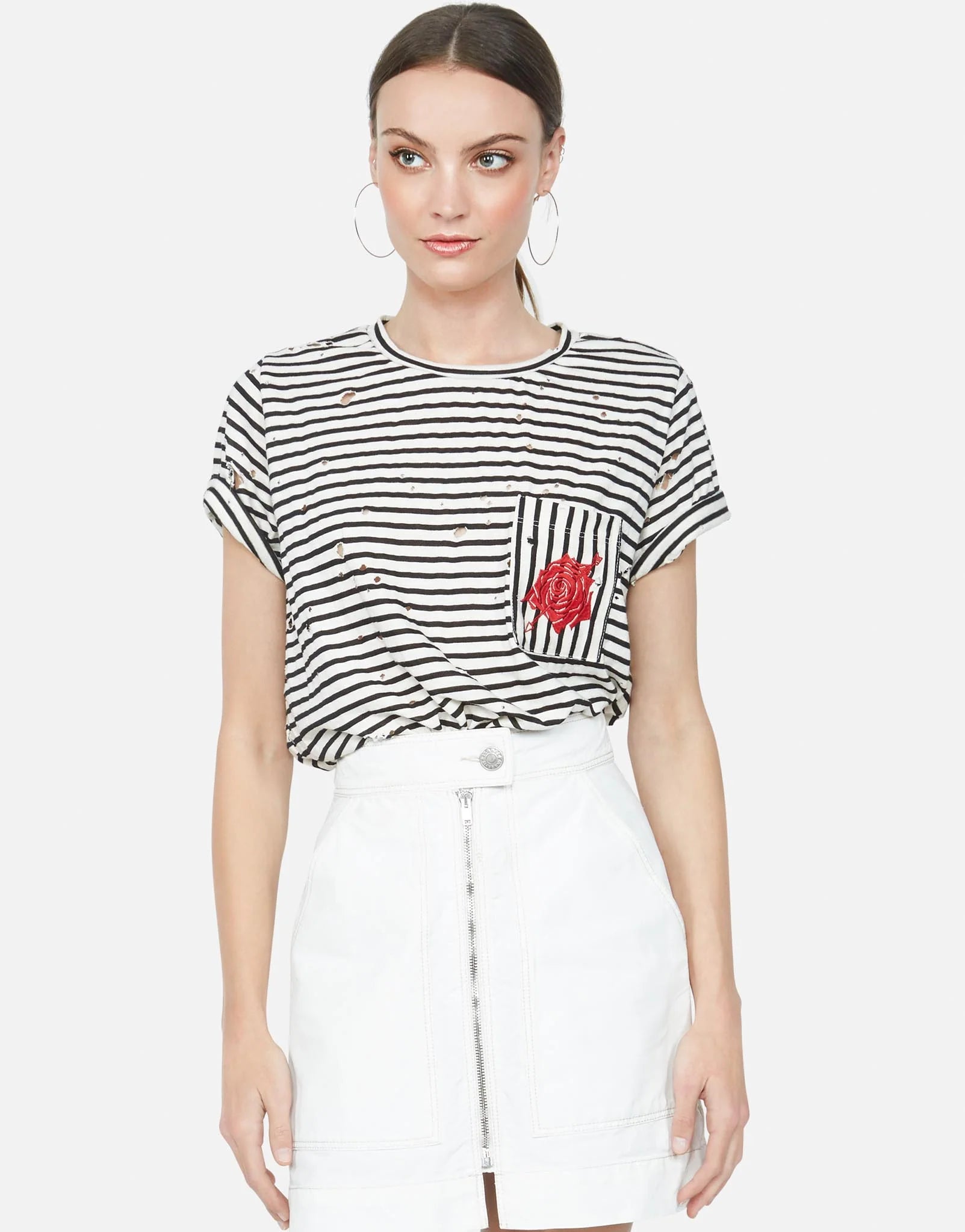 Lauren Moshi Iris Embroidered Rose Stripe Tee