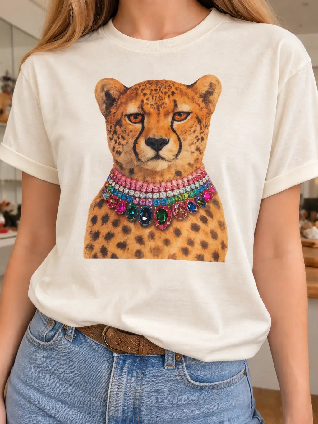 Leopard Jeweled Collar Crew Neck Tee