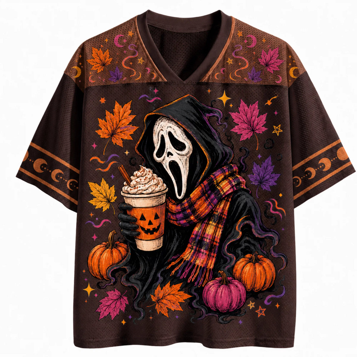 Halloween-themed shirt with a ghostly GHOSTFACE holding a pumpkin spice latte, surrounded by pumpkins and autumn leaves.