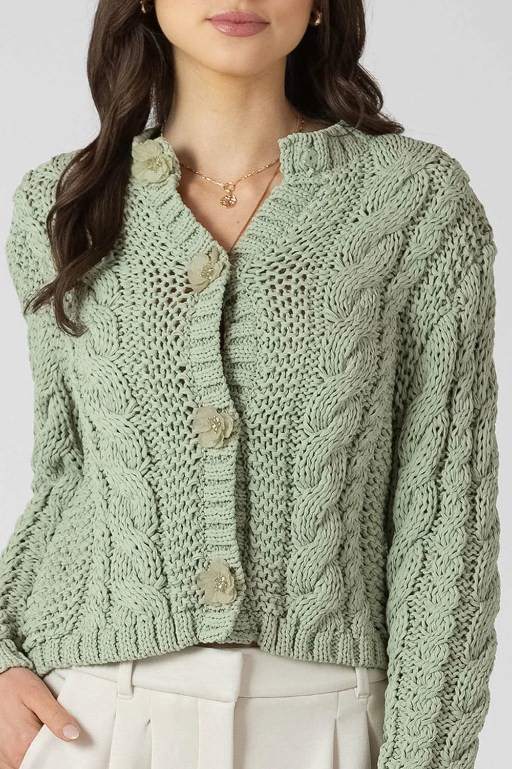 Dex Floral Button Cable Cardigan - Sage