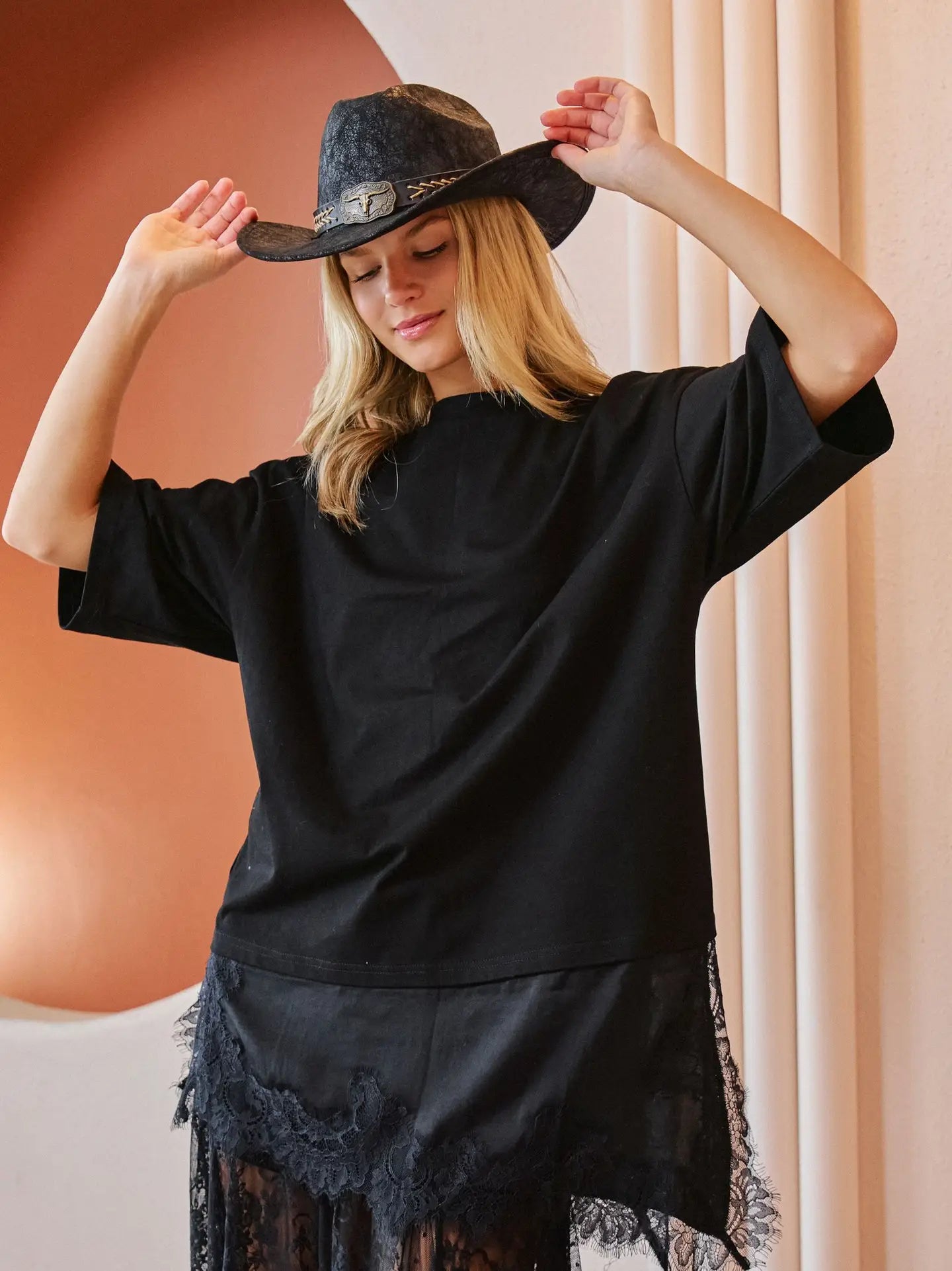 Asymmetric Lace Trim Oversized Tee - Black