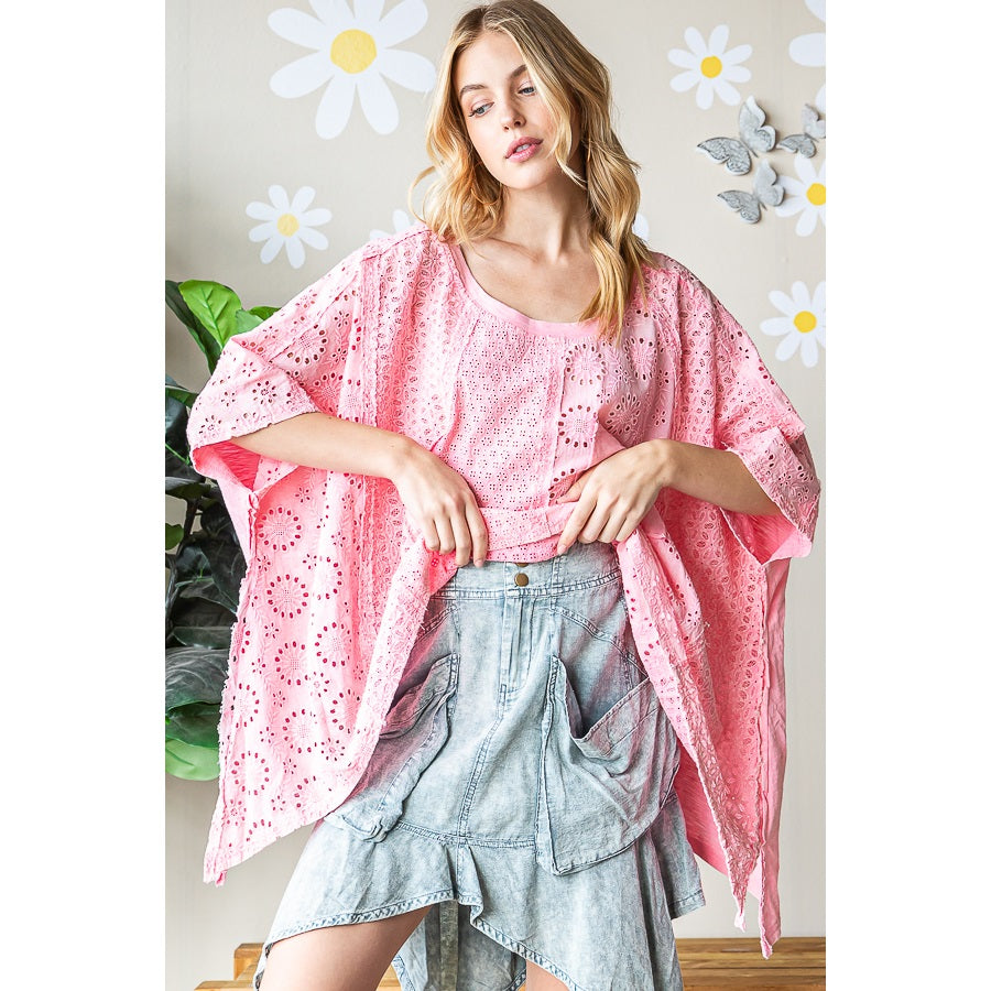 Oli & Hali Washed Asymmetrical Hem Oversized Eyelet Top