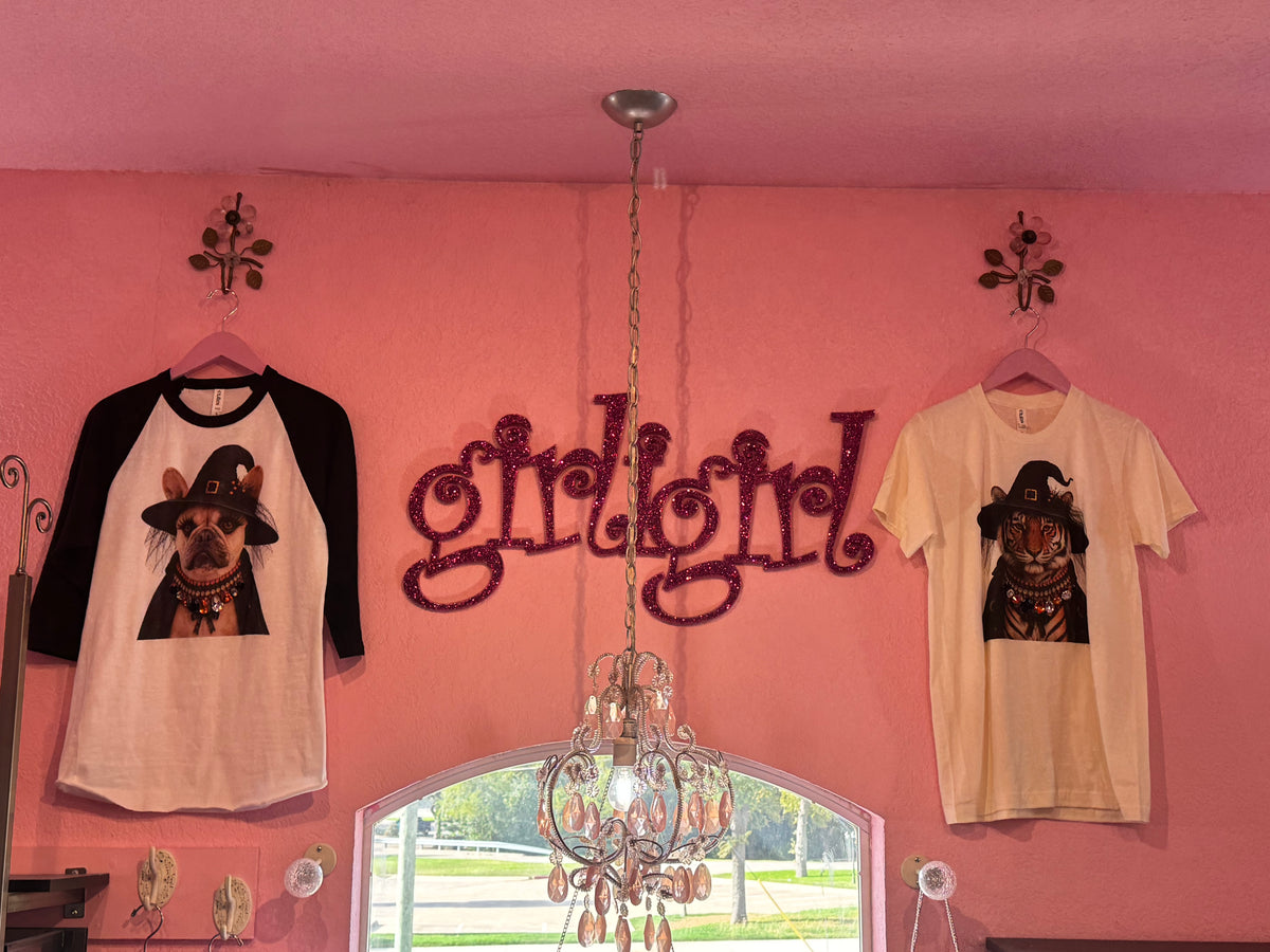 Two custom raglan t-shirts with a dog and tiger wearing a witch hat, displayed on hangers on a pink wall with a 'girlgirl' sign and a hanging chandelier.