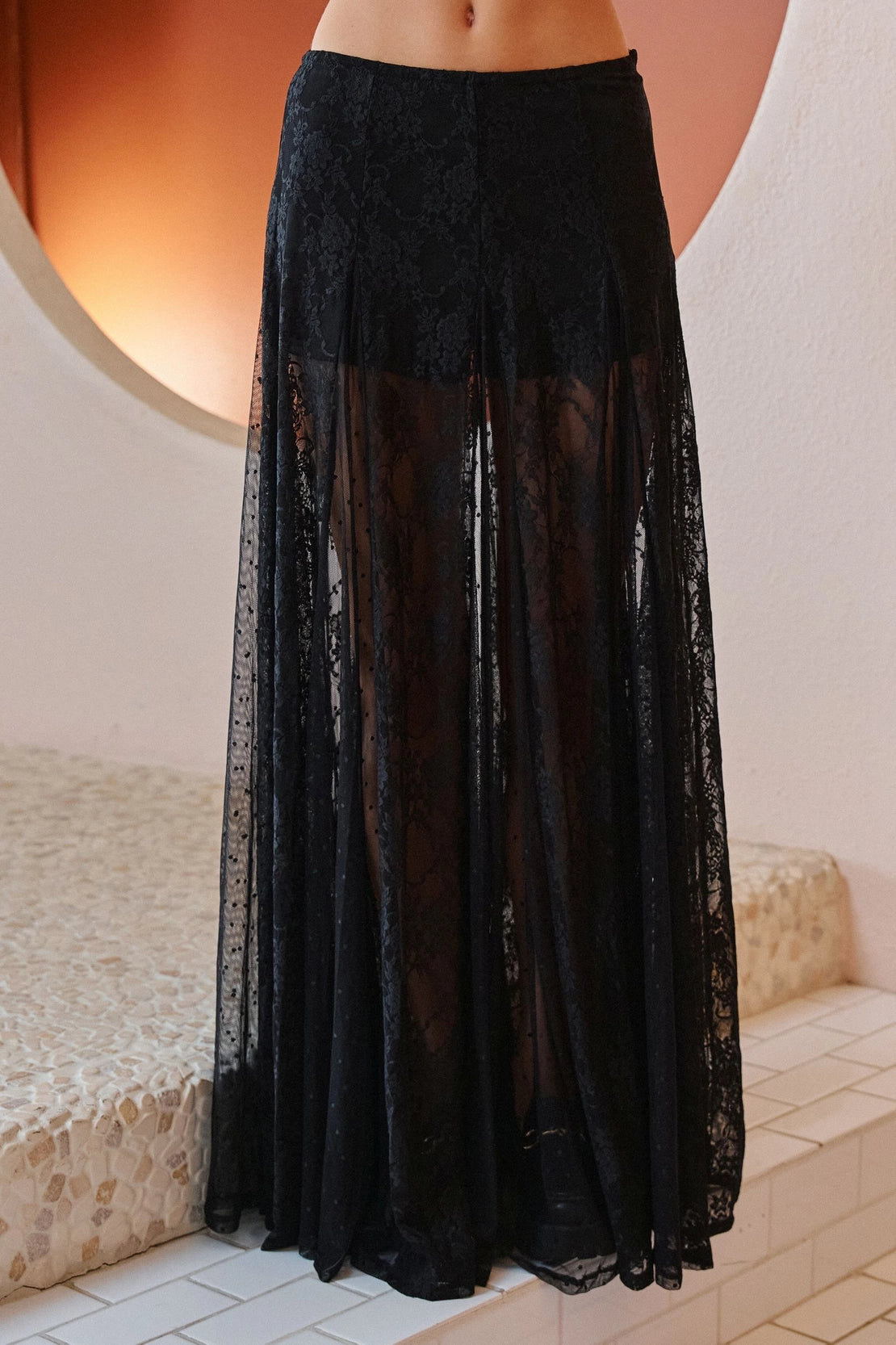 Lace Maxi Skirt Multi-Panel Sheer Black