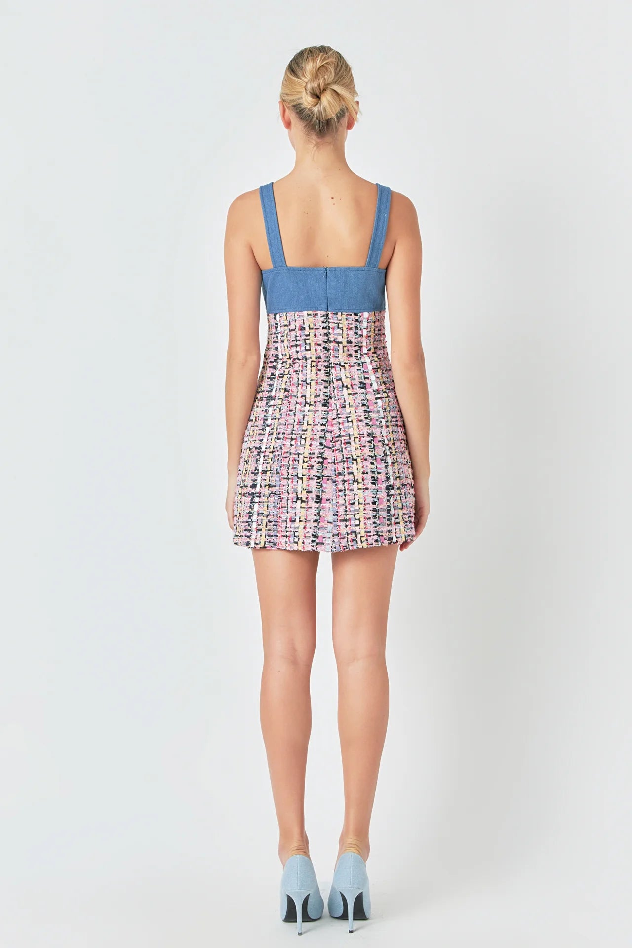 English Factory Tweed Square Neck Dress - Pink Multi