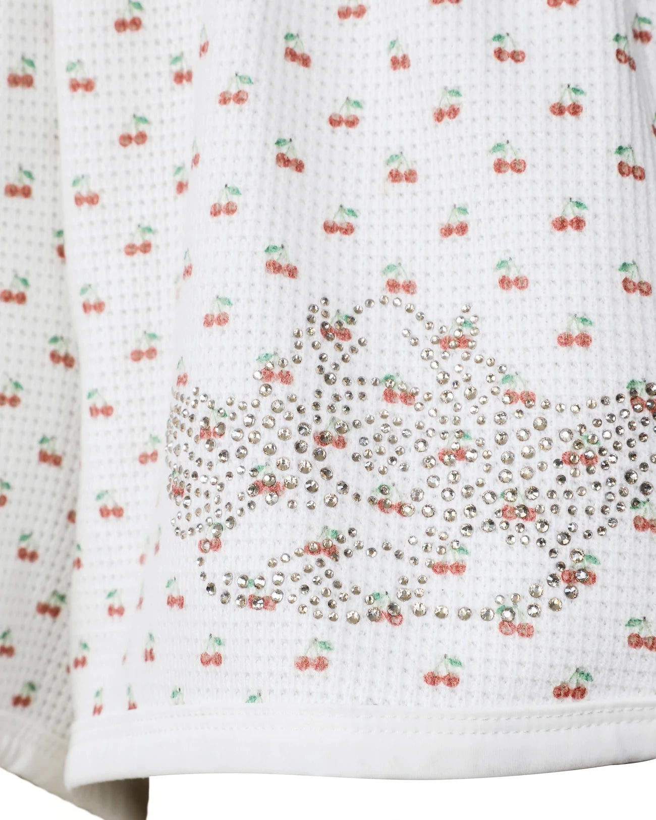 thermal runner shorts with cherry print. Relaxed fit, rhinestone cherub detail.