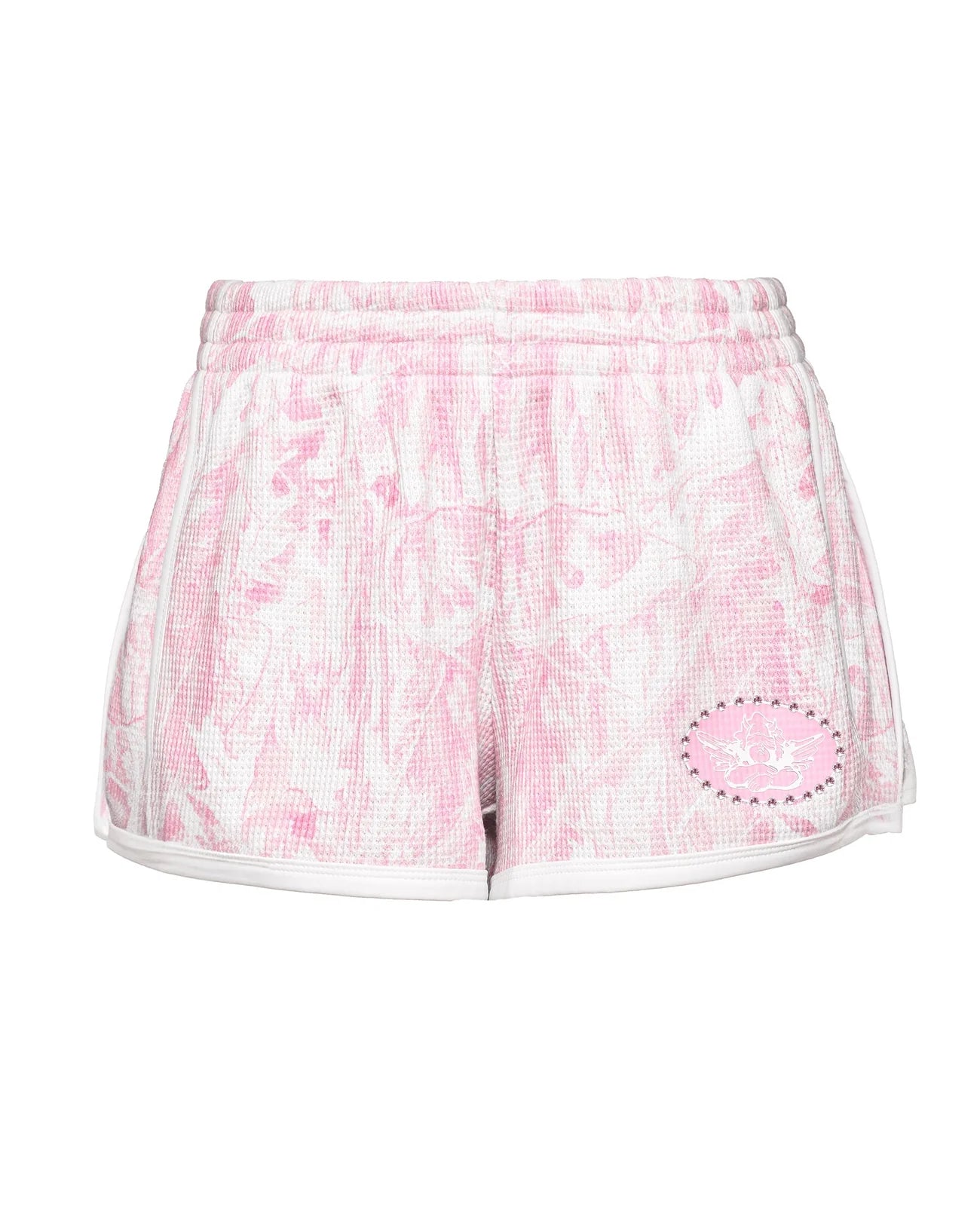 Pink camo shorts with a logo and crystals on a white background