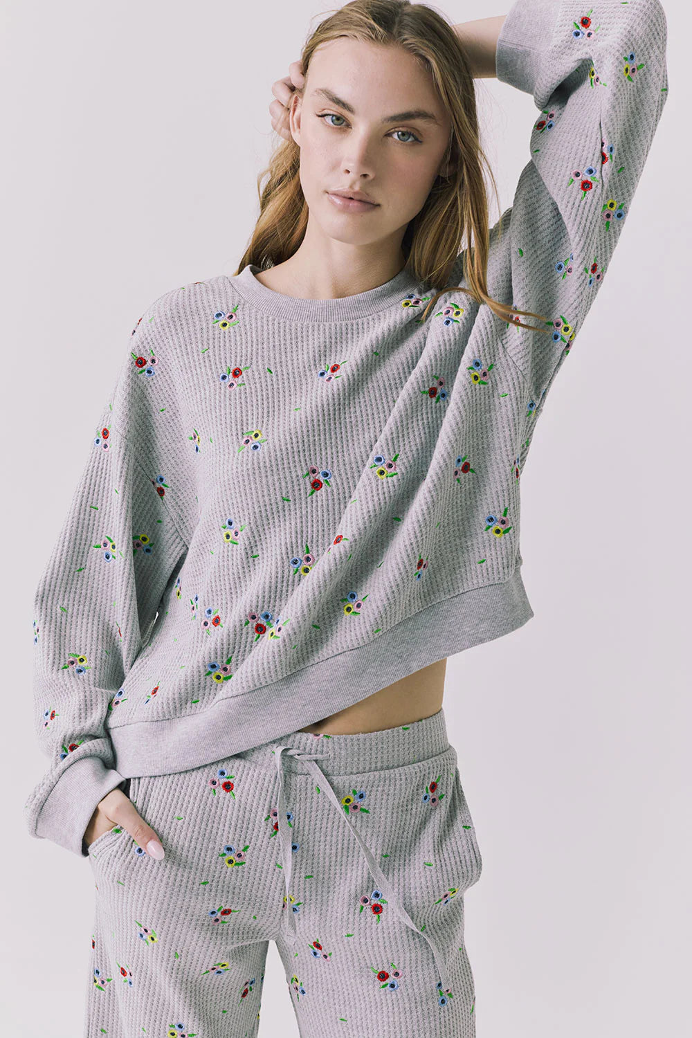 Chaser Terra Heather Grey Ditsy Embroidery Pullover