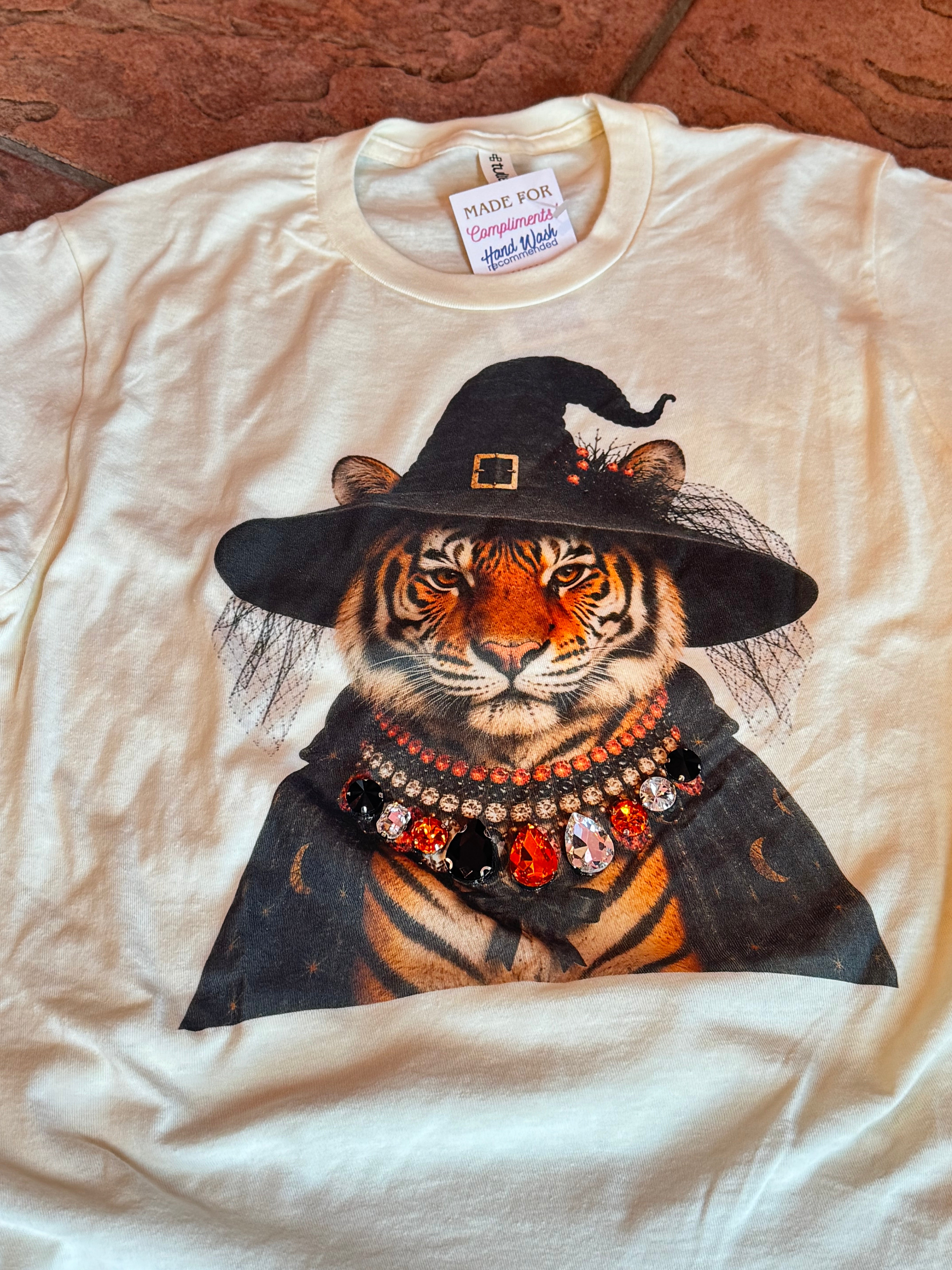 Jeweled Crystal Collar Witchy Tiger Crew Tee