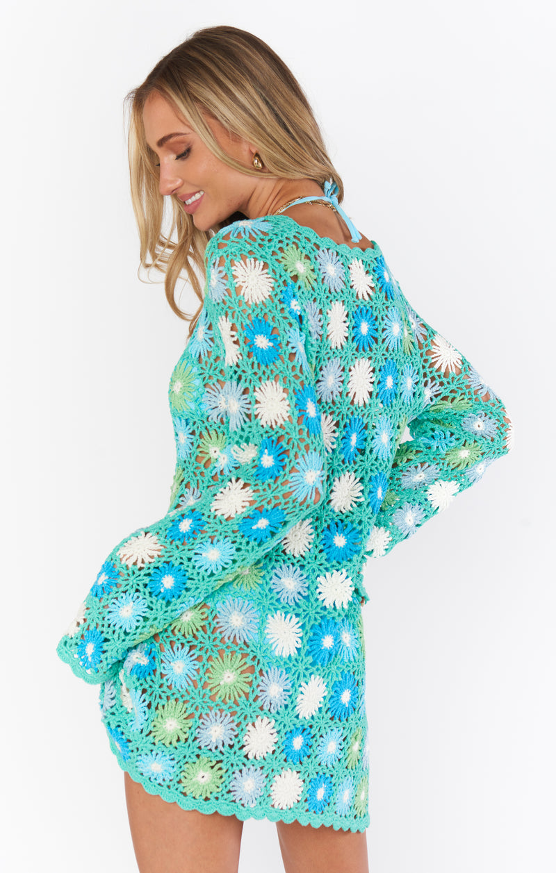 Show Me Your Mumu Vacay Mini Coverup Blue Multi Floral Crochet