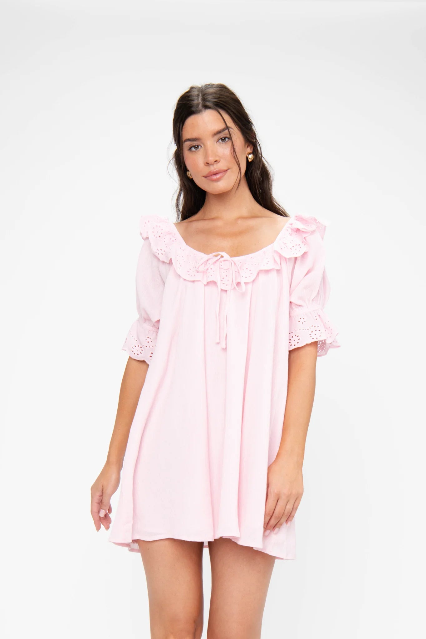 Show Me Your Mumu Toulouse Pink Eyelet Ruffle Mini Dress