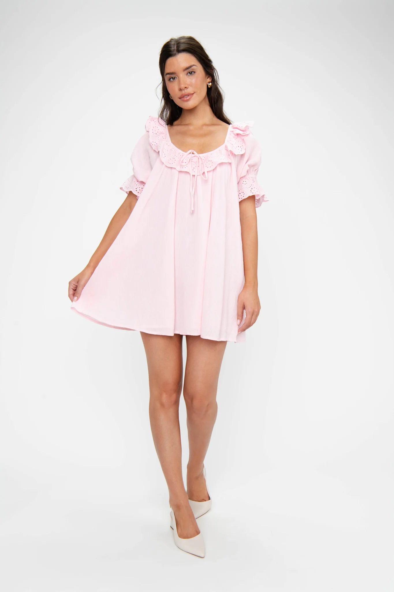 Show Me Your Mumu Toulouse Pink Eyelet Ruffle Mini Dress