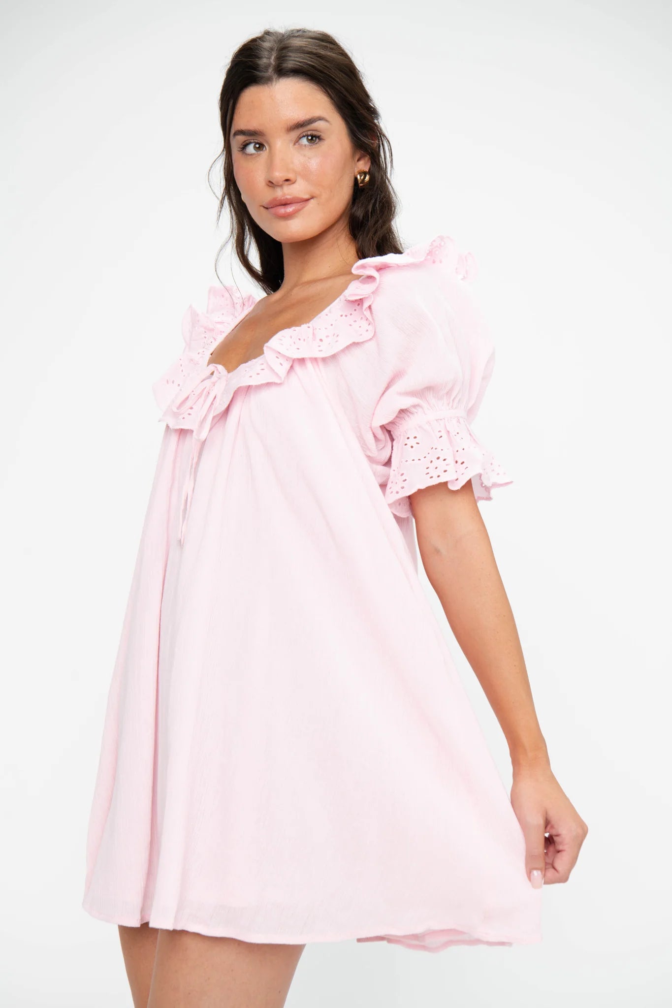 Show Me Your Mumu Toulouse Pink Eyelet Ruffle Mini Dress