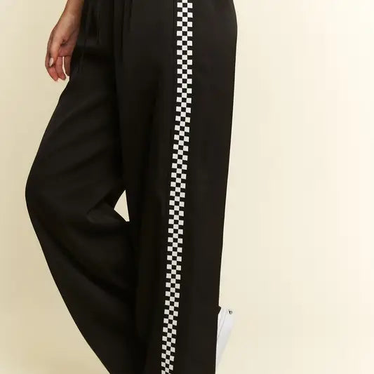 Jade by Jane Satin Sweatpants with Checkerboard Stripe - Black