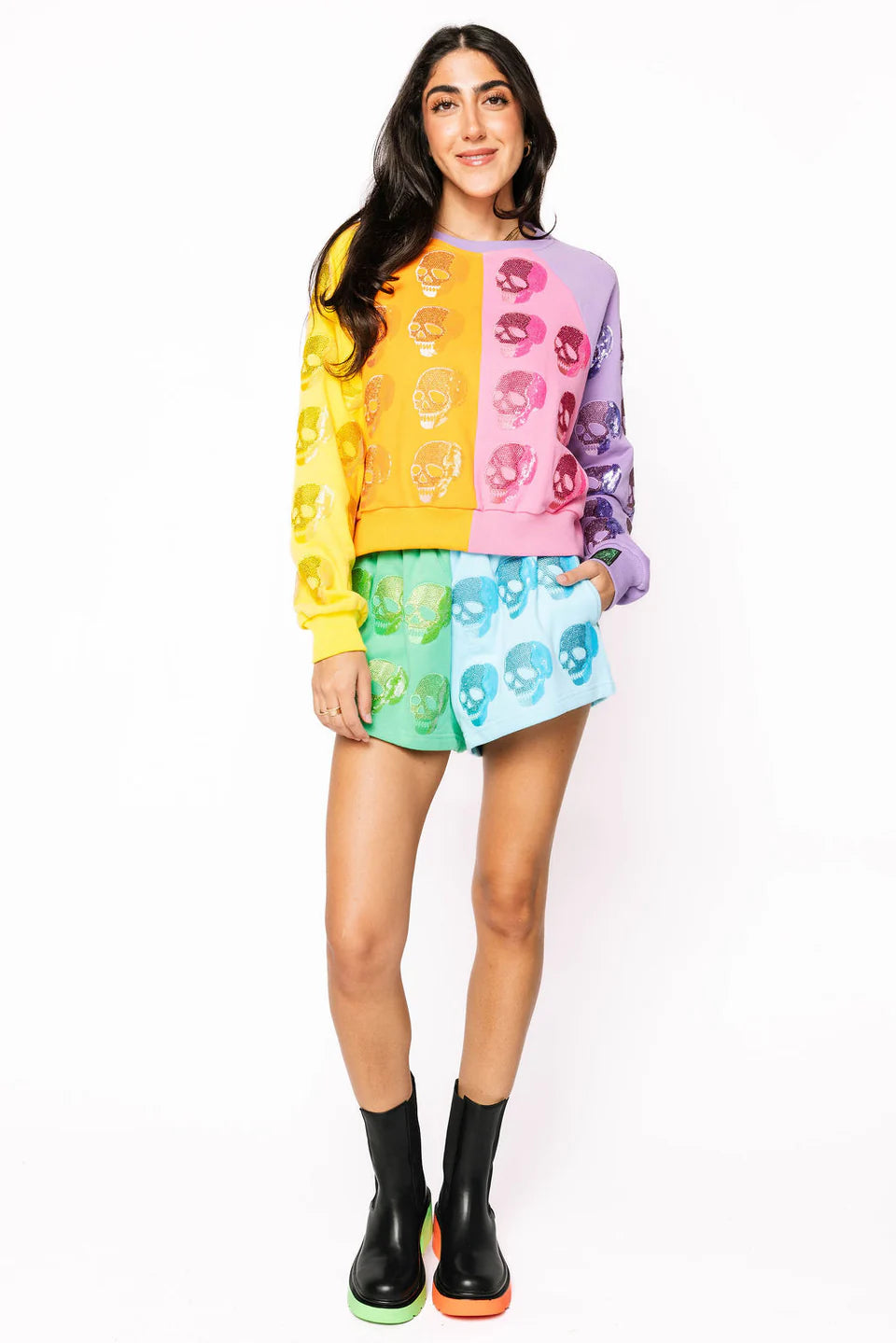 Queen of Sparkles Colorblock Multi Skull Short