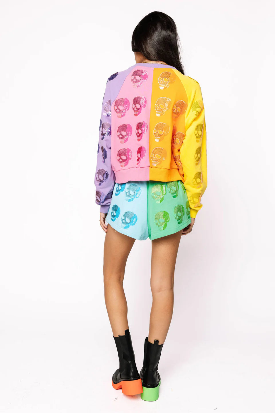 Queen of Sparkles Colorblock Multi Skull Short