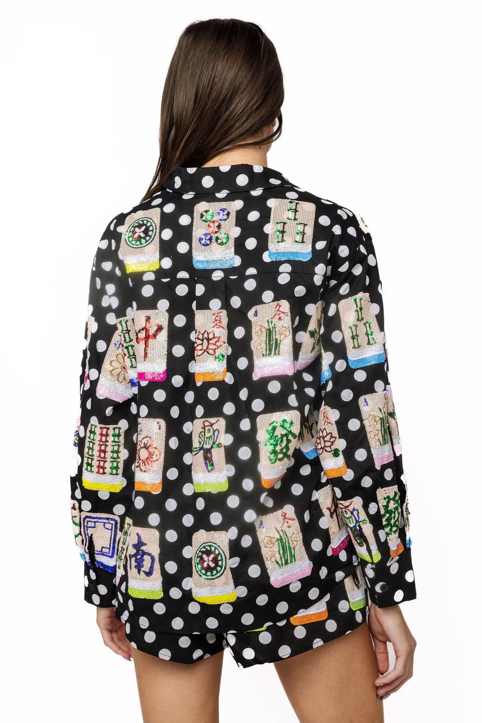 Queen of Sparkles Black & White Polka Dot Scattered Mahjong Button Up Top