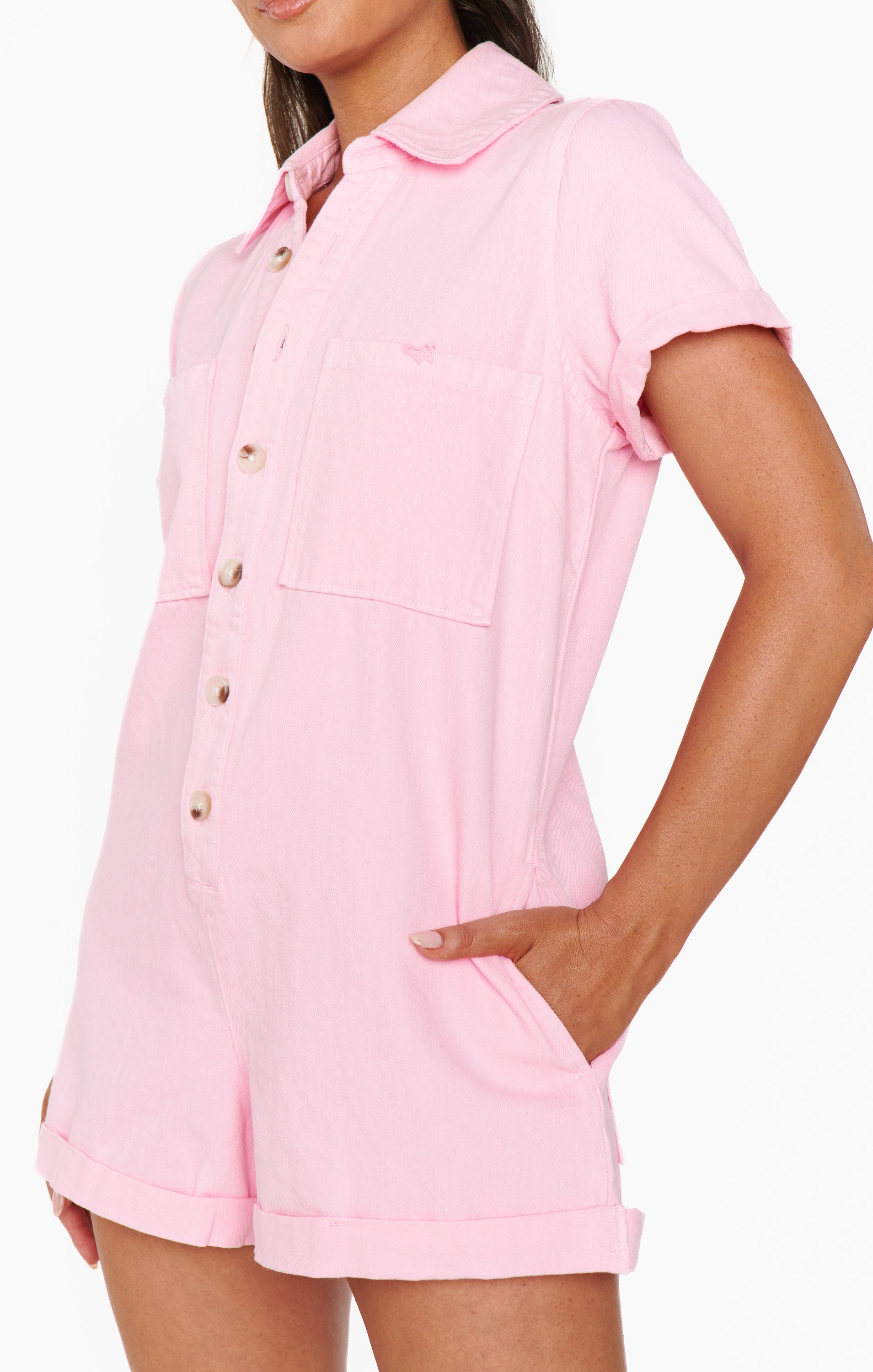 Show Me Your Mumu Range Romper Candy Pink Denim