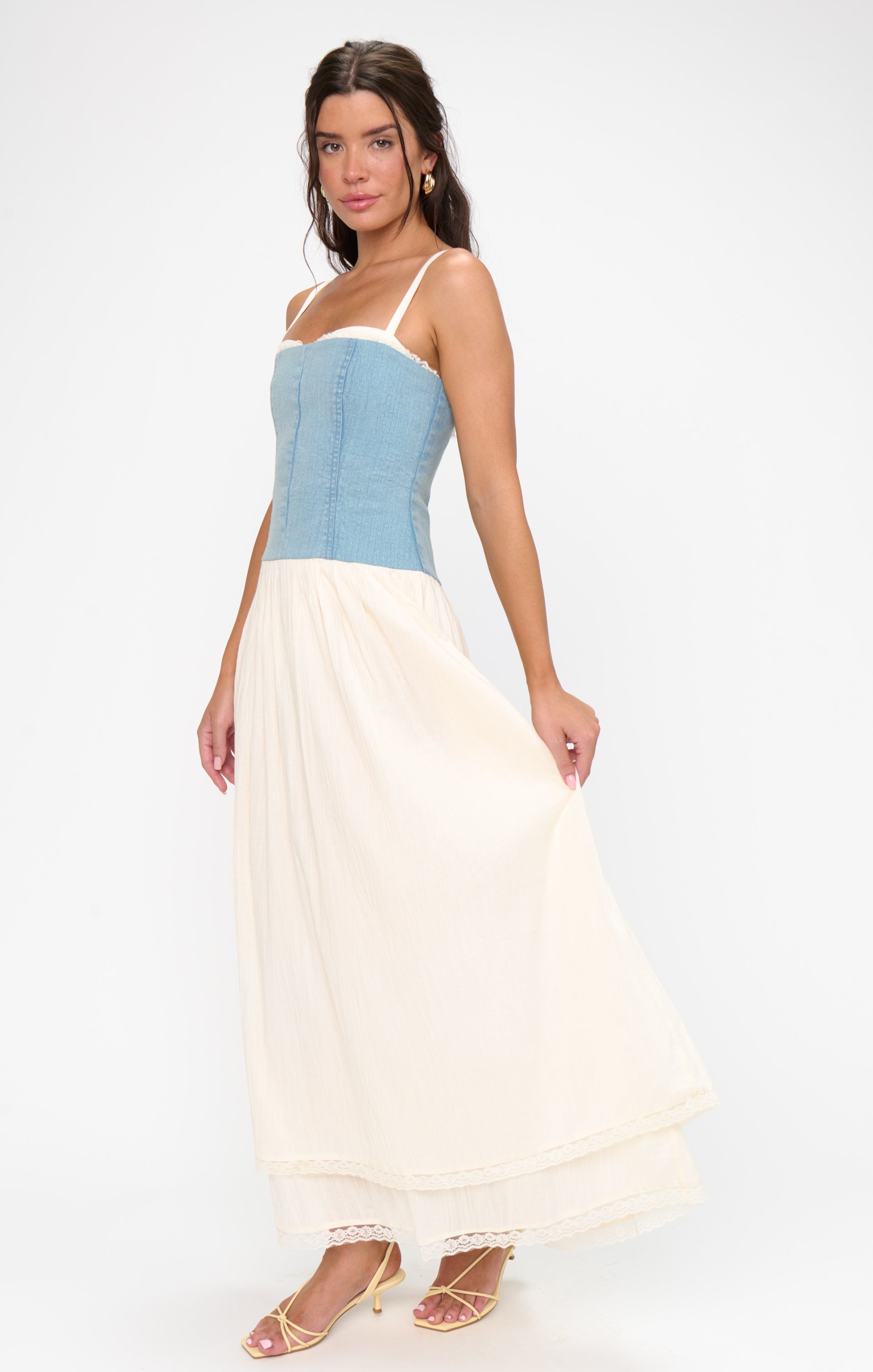 Show Me Your Mumu Tiffany Maxi Dress - Light Indigo with Cream Voile