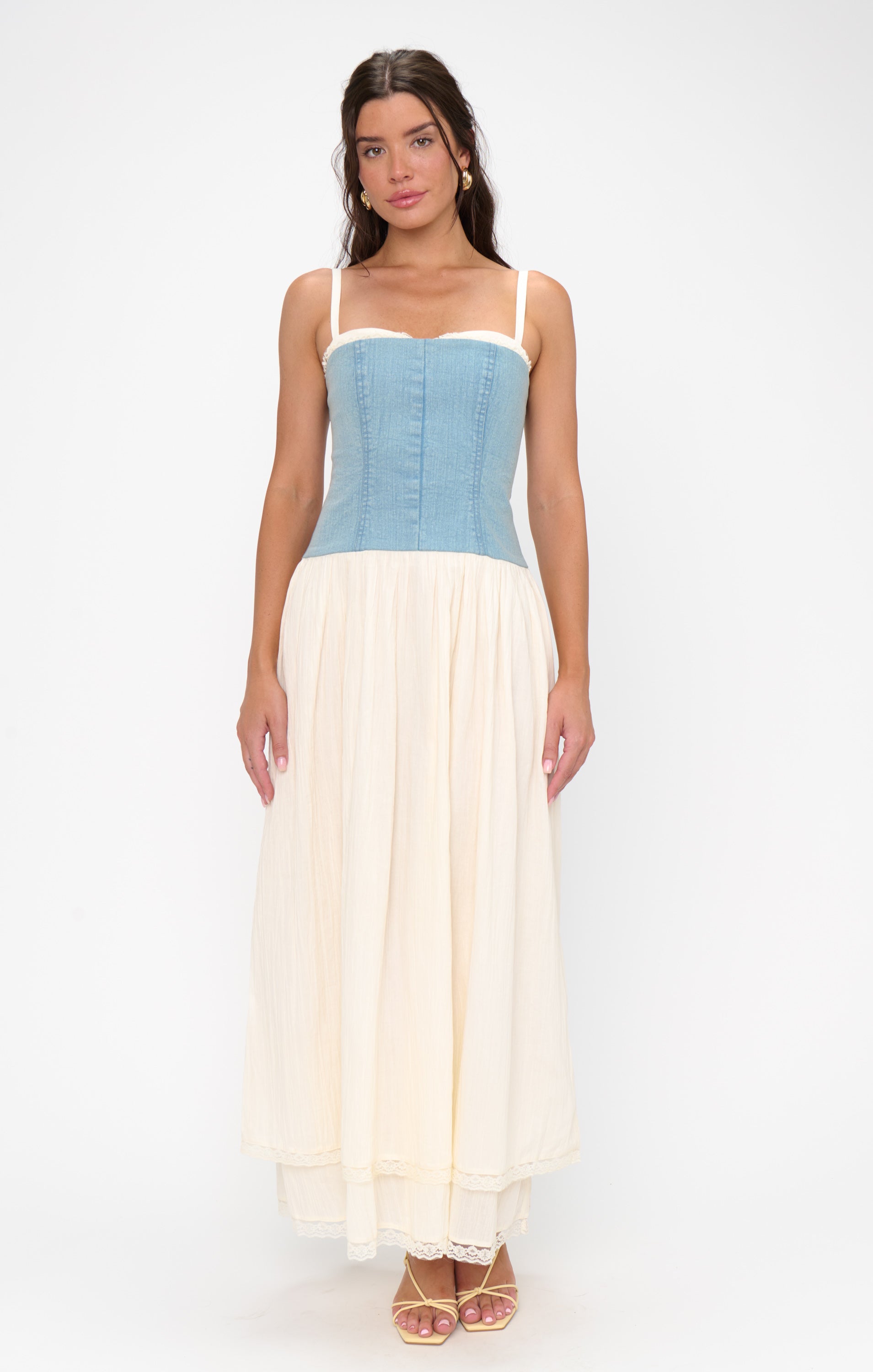Show Me Your Mumu Tiffany Maxi Dress - Light Indigo with Cream Voile