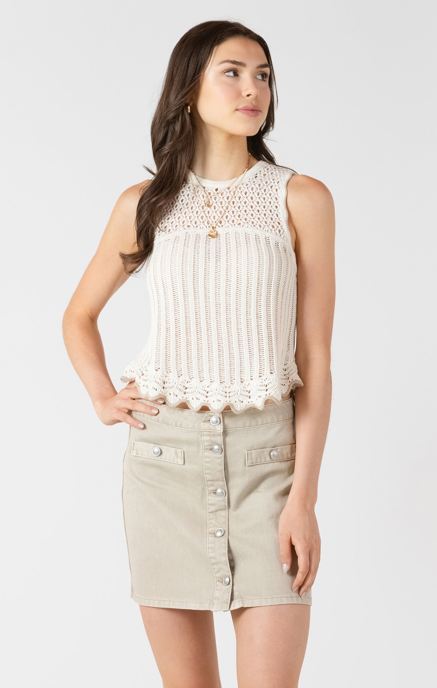 Dex Contrast Trim Open Knit Sweater Tank Vintage Ivory Stone