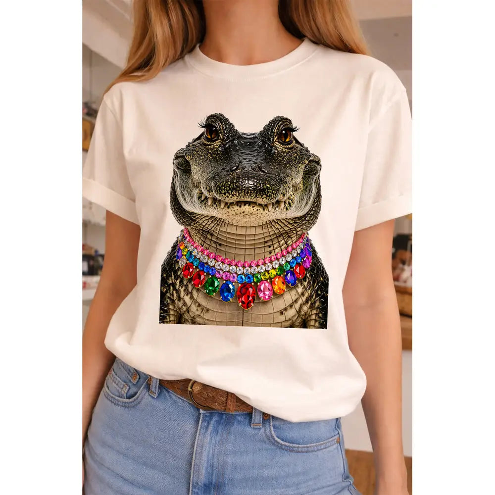 Jeweled Collar Alligator Tee in Natural