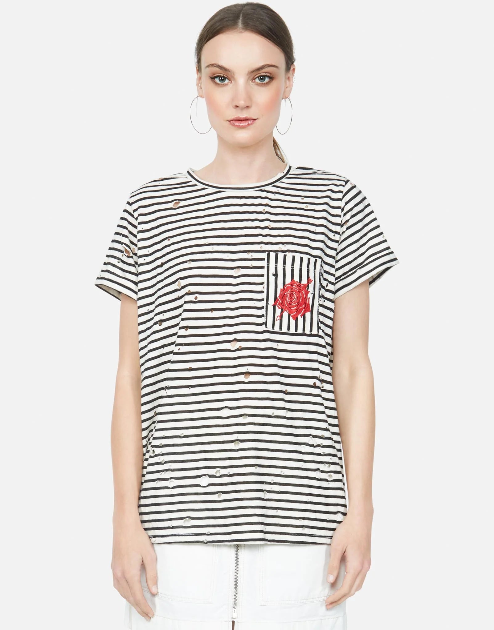 Lauren Moshi Iris Embroidered Rose Stripe Tee