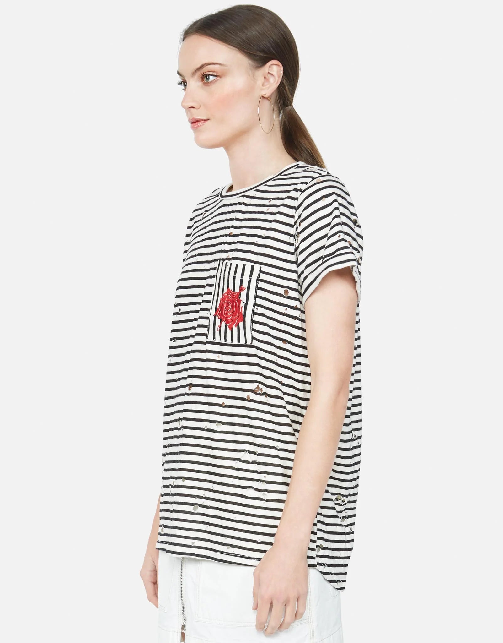 Lauren Moshi Iris Embroidered Rose Stripe Tee