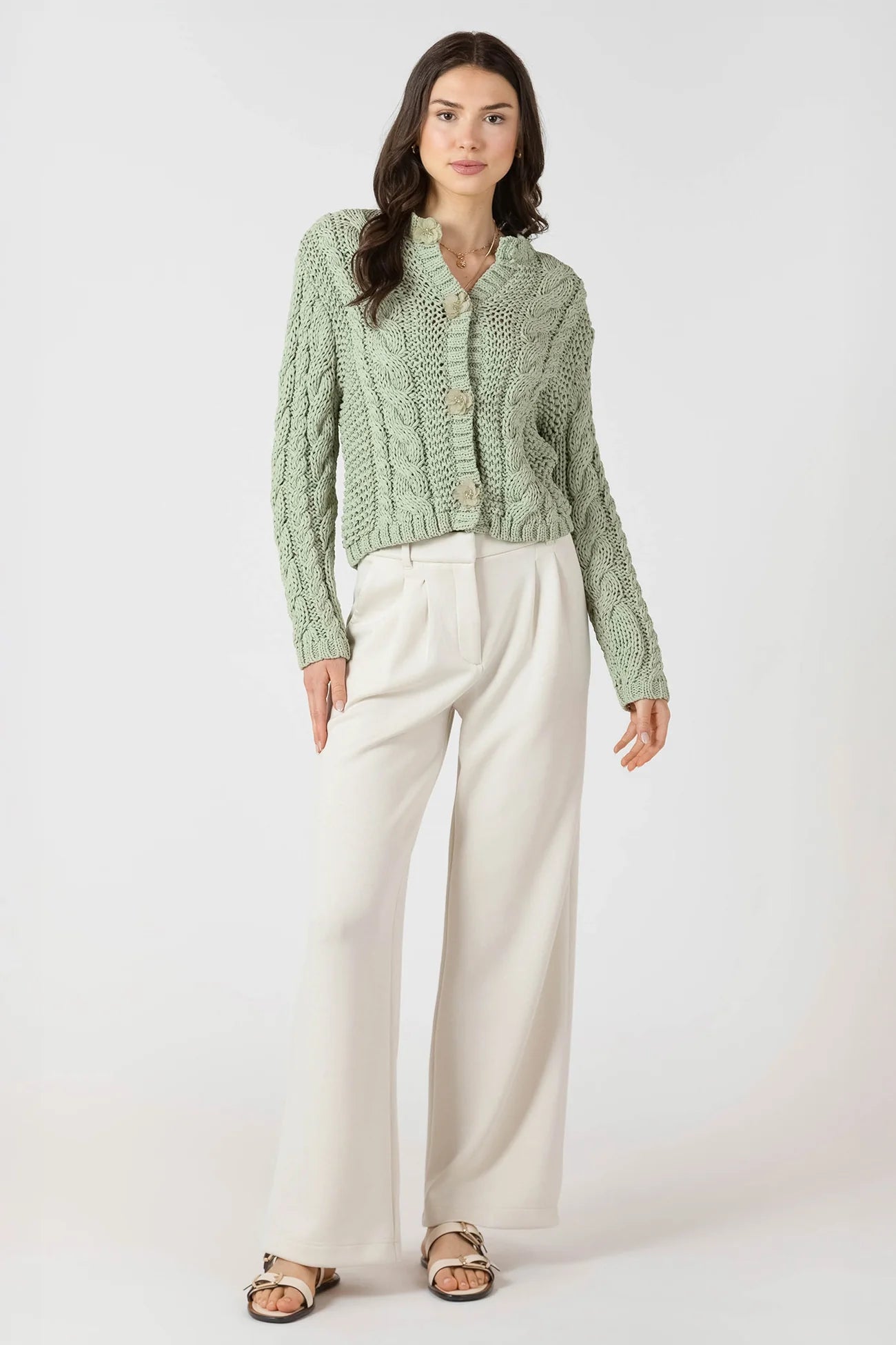Dex Floral Button Cable Cardigan - Sage