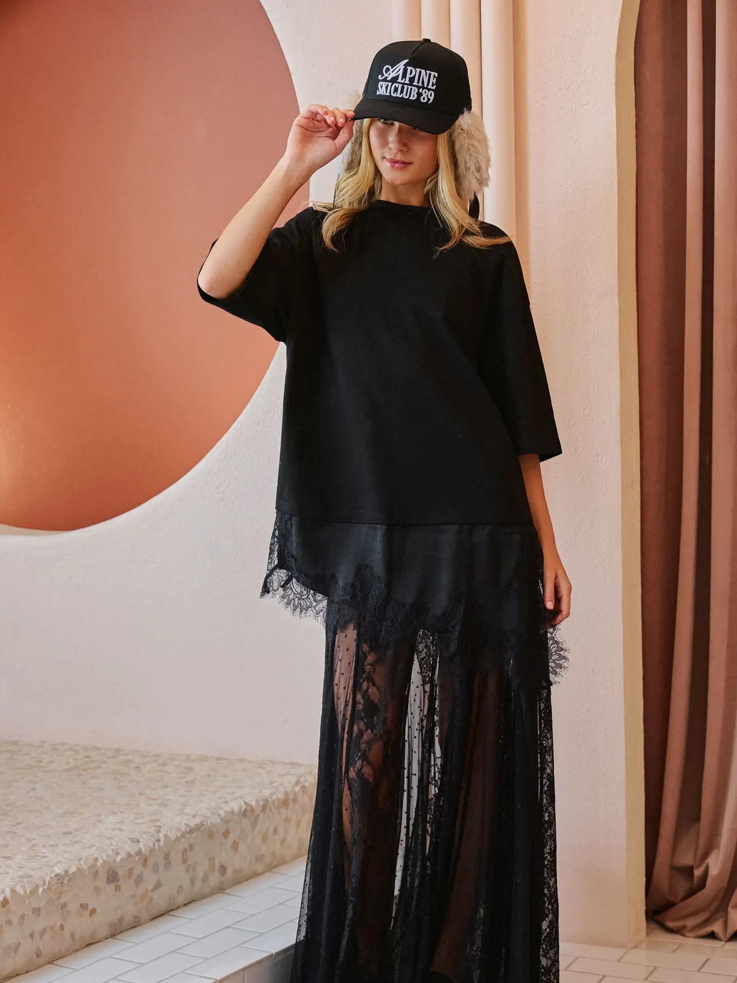Lace Maxi Skirt Multi-Panel Sheer Black