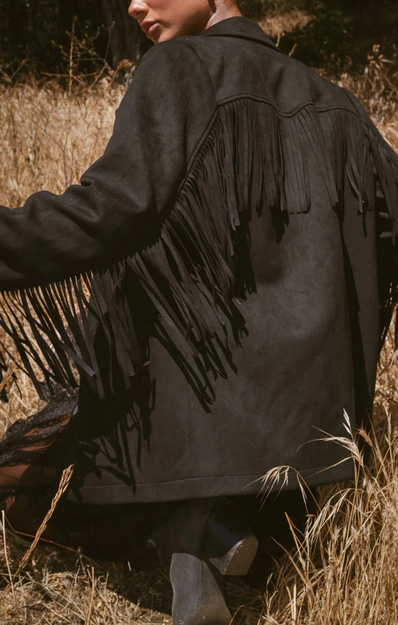 Show Me Your Mumu Sierra Fringe Jacket Black Faux Sued