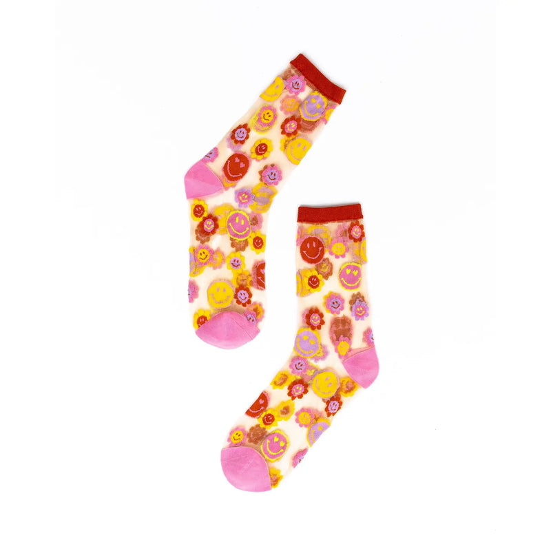 Sock Candy Smiley Face Daisy Sheer Crew Sock