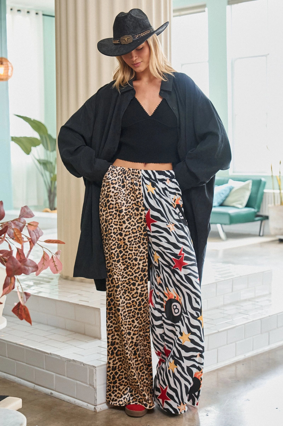 Leopard and Zebra Mix Print Satin Pants
