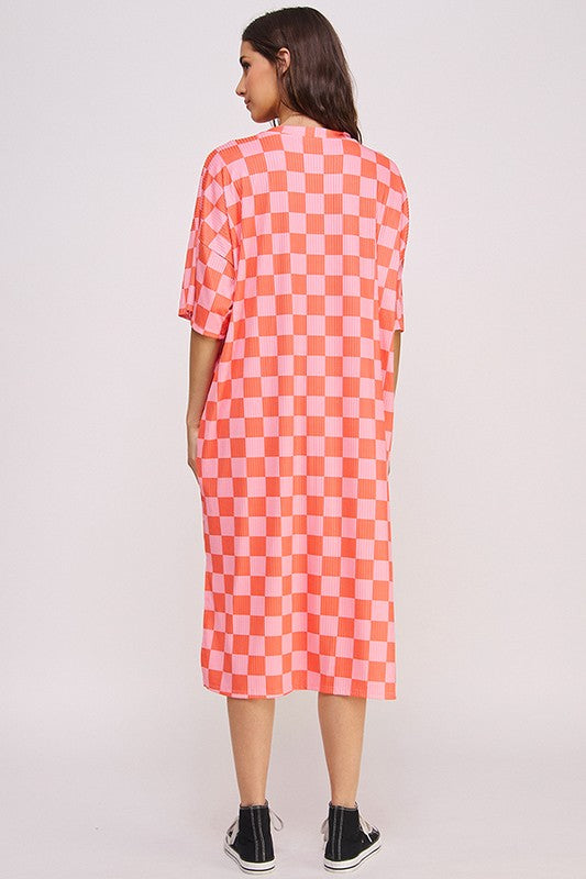 Jade by Jane Ribbed Checkerboard Midi Dress Red/Pink