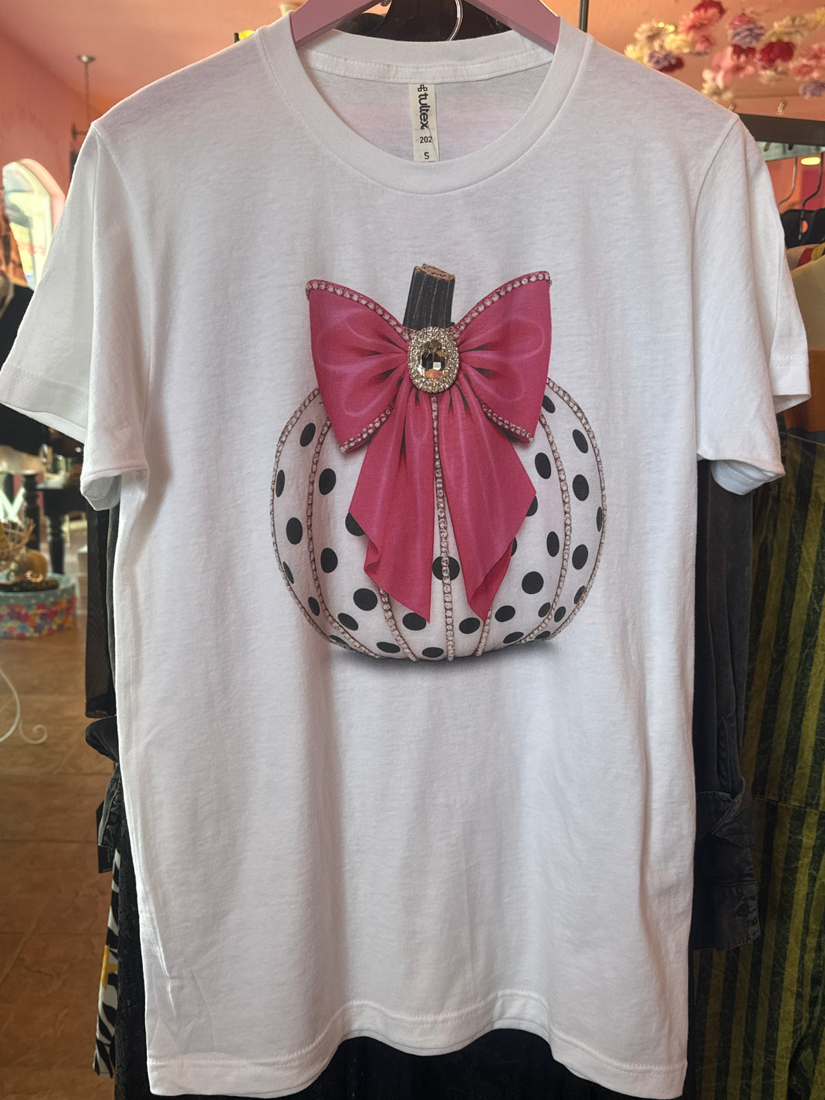 Polkadot Pumpkin with Embellished Pink Bow Crew White