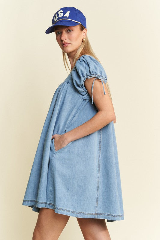 Jade by Jane Solid Denim Bubble Sleeve Dress