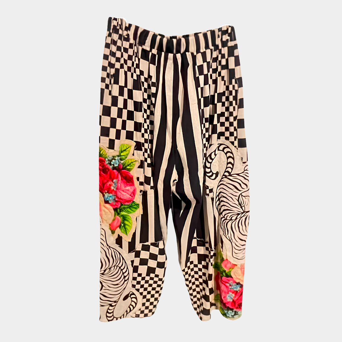 I Love Linen Black and Ivory Mix Print Harem Pant with Tiger and Rose
