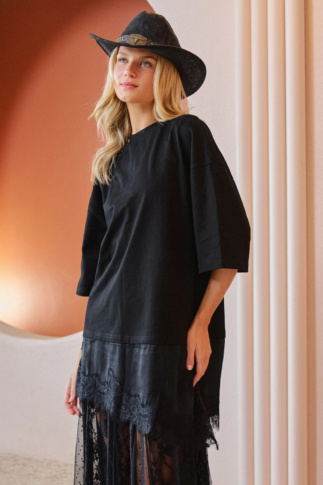 Asymmetric Lace Trim Oversized Tee - Black