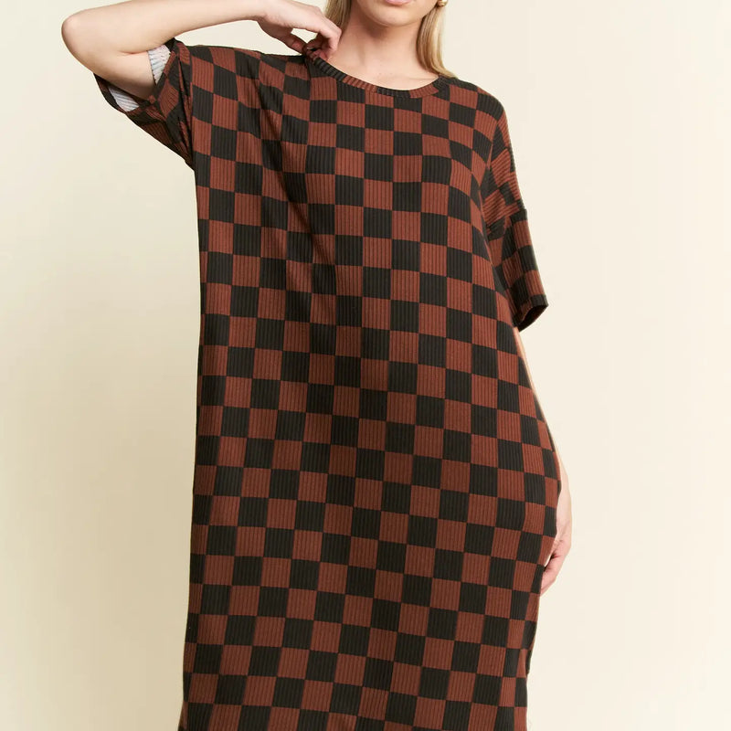 Jade by Jane Ribbed Checkerboard Midi Dress Black/Mocha