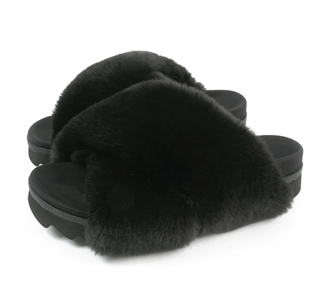 ROAM  Cloud Black Slippers Faux Fur