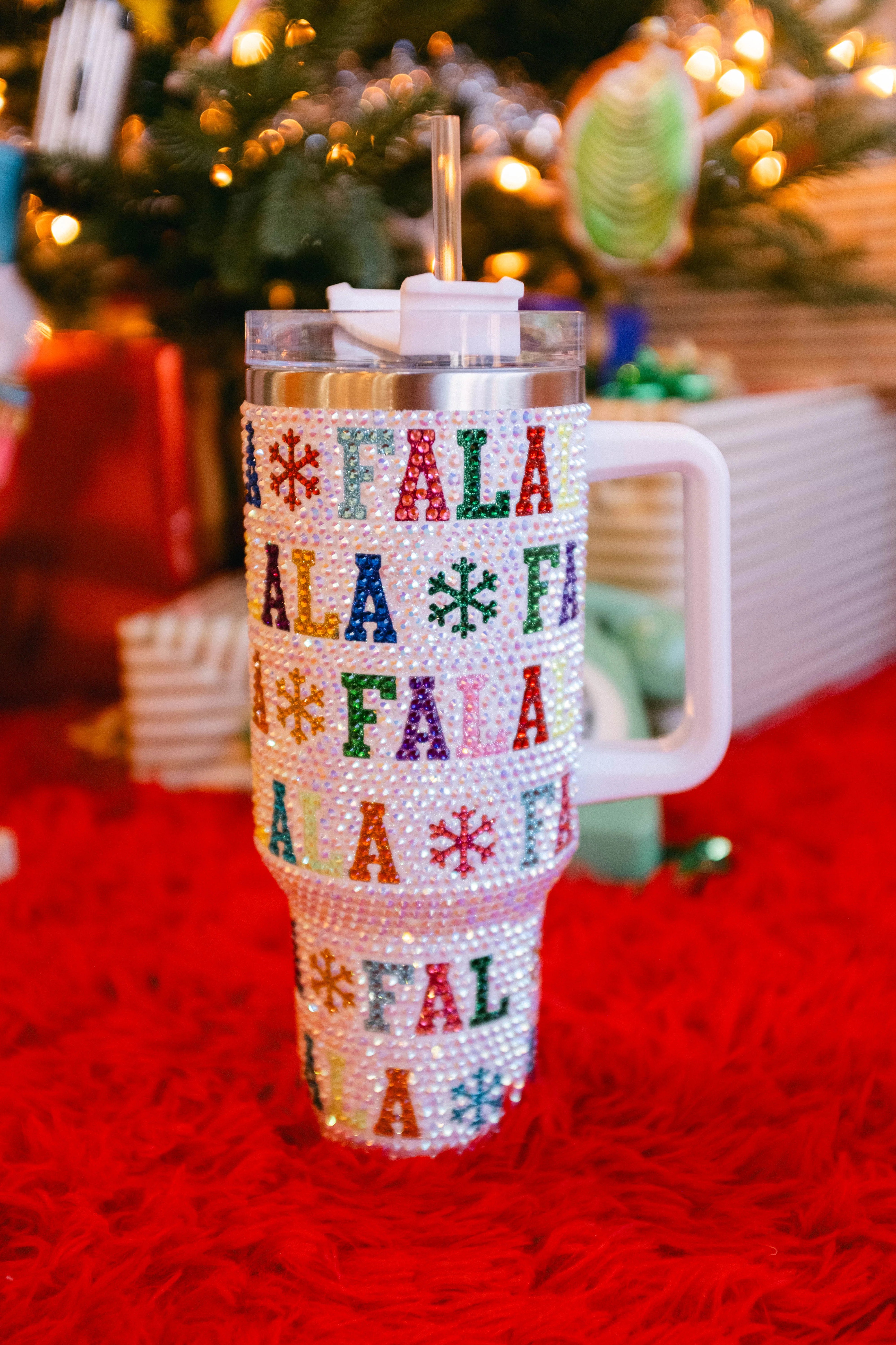 Queen of Sparkles White Multi 'Fa La La" Rhinestone Tumbler