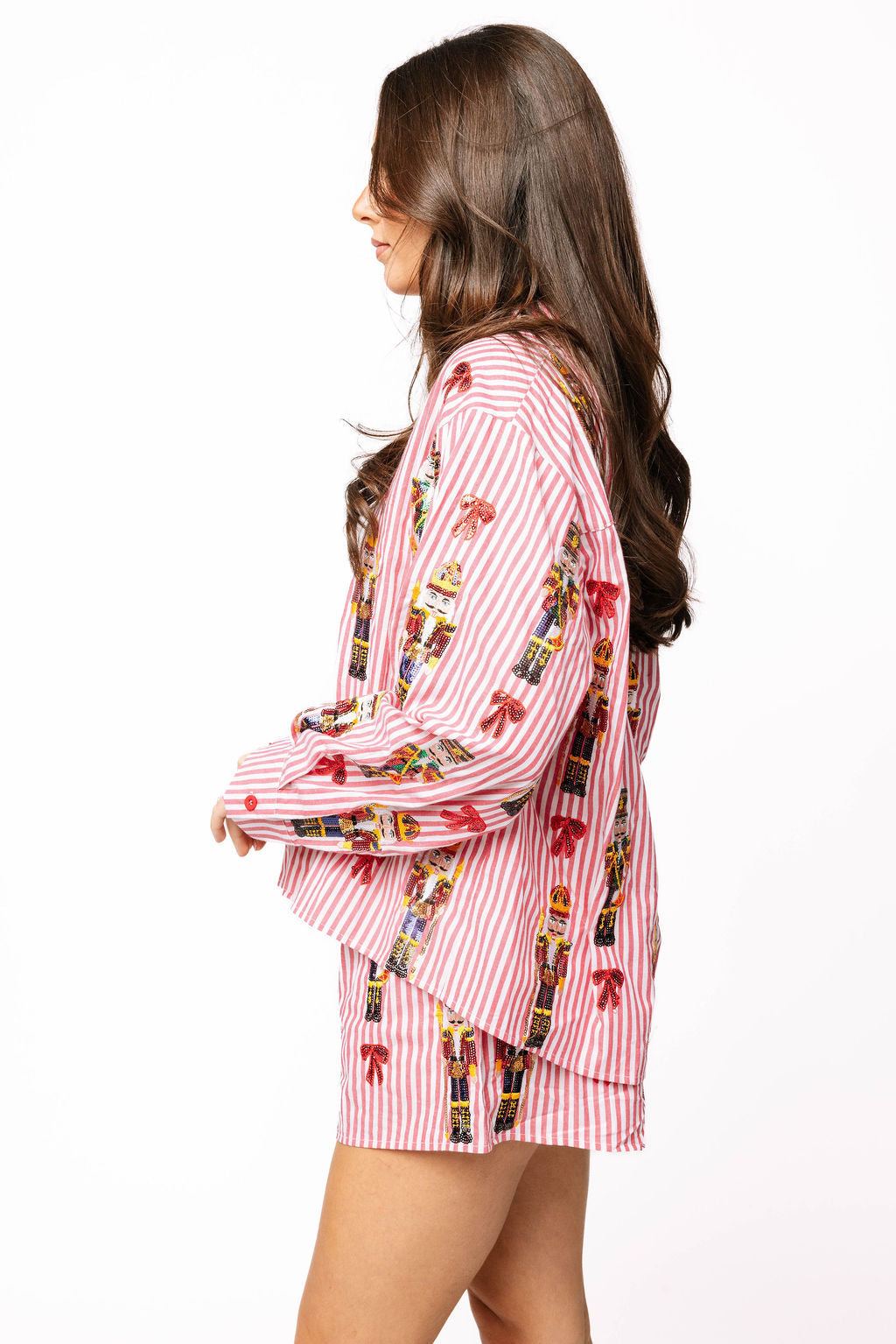 Queen of Sparkles Red Stripe Scattered Nutcracker & Bow Cotton Button Up Top