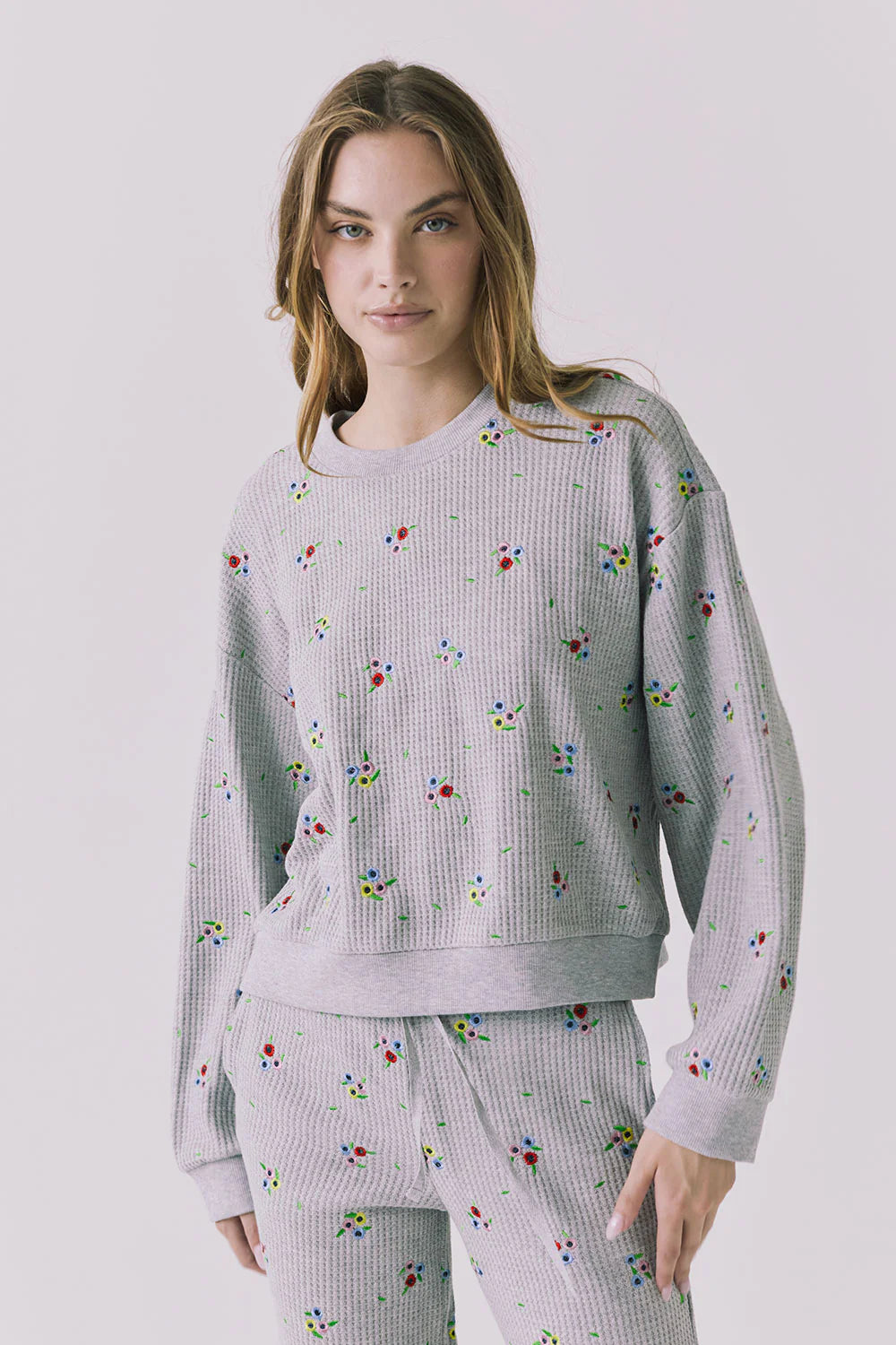 Chaser Terra Heather Grey Ditsy Embroidery Pullover