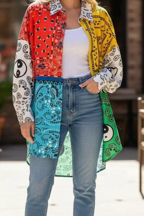 I Love Linen Multi color Bandana Button Up Top