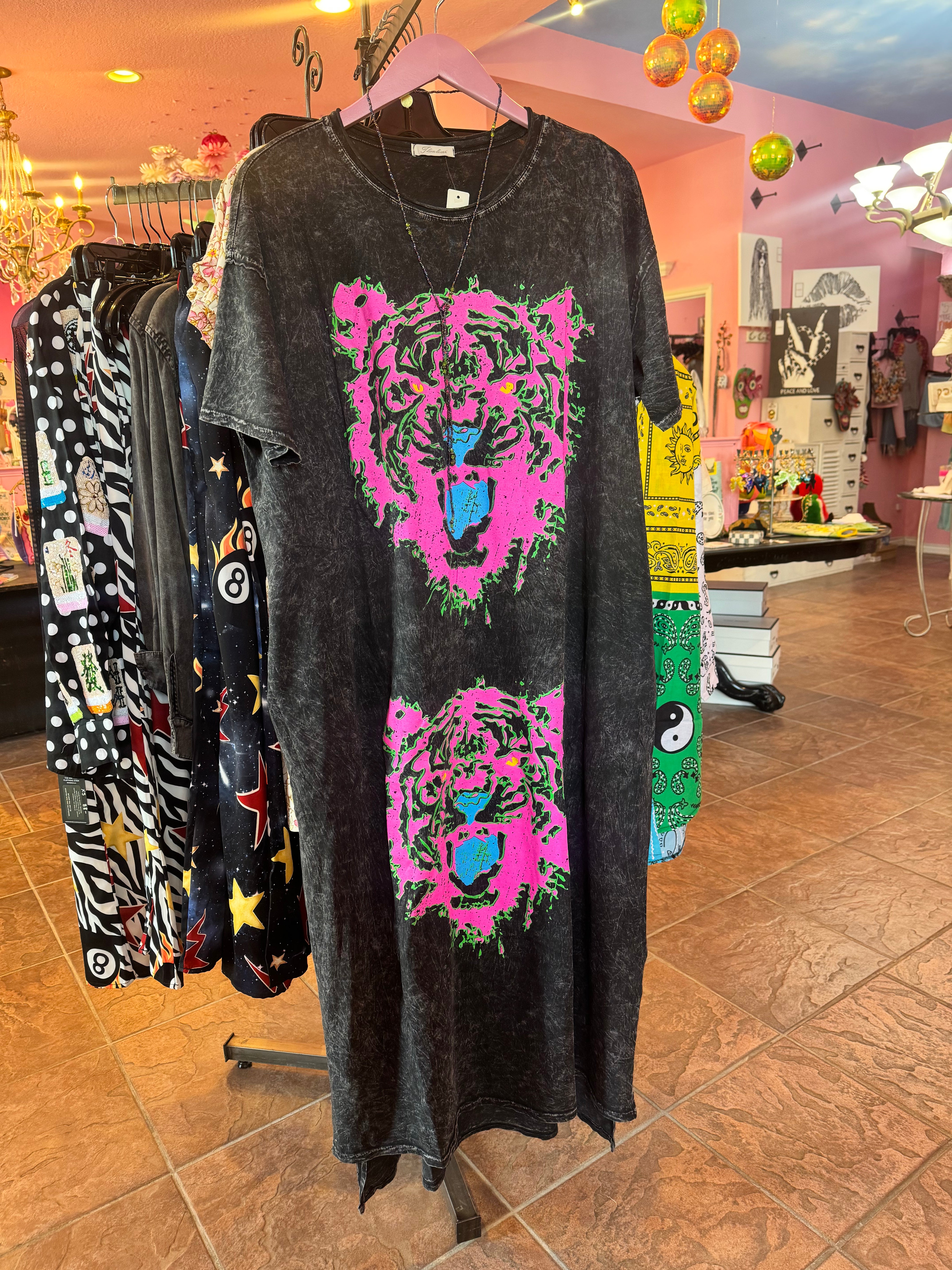 I Love Linen Neon Tiger Tshirt Dress in Mineral Wash