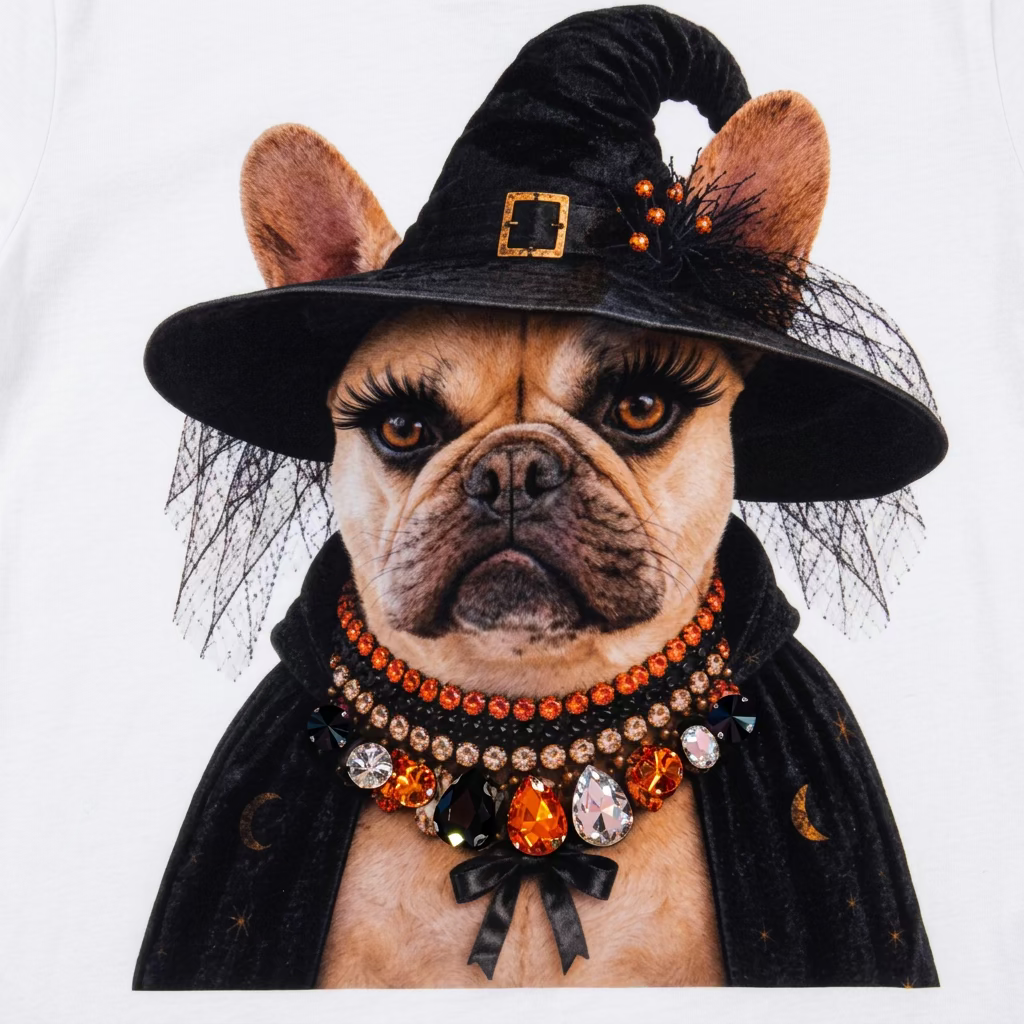 A raglan-style baseball t-shirt with a white body and black sleeves, featuring a graphic print of a French Bulldog dressed as a witch. The shirt is laid flat on a brown tiled floor.
