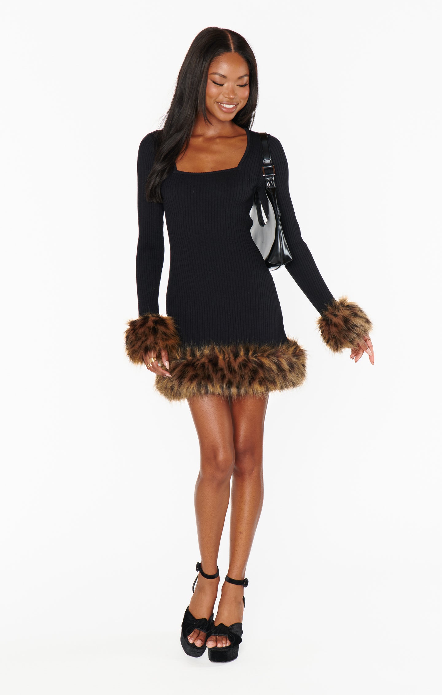 Show Me Your Mumu Francine Mini Dress Black Knit Faux Fur