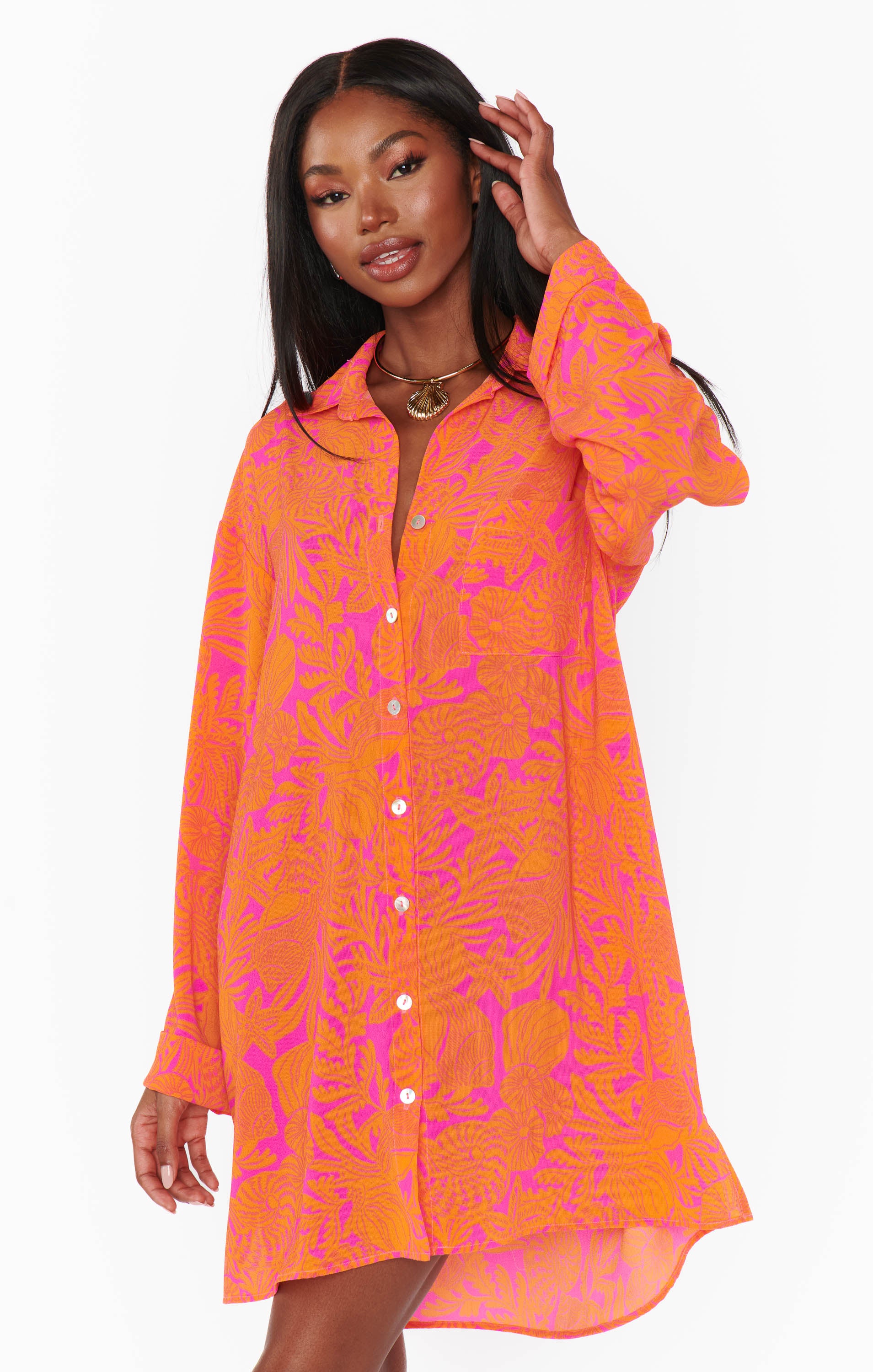 Show Me Your Mumu Beachclub Button Down Fuschia Shells Pebble